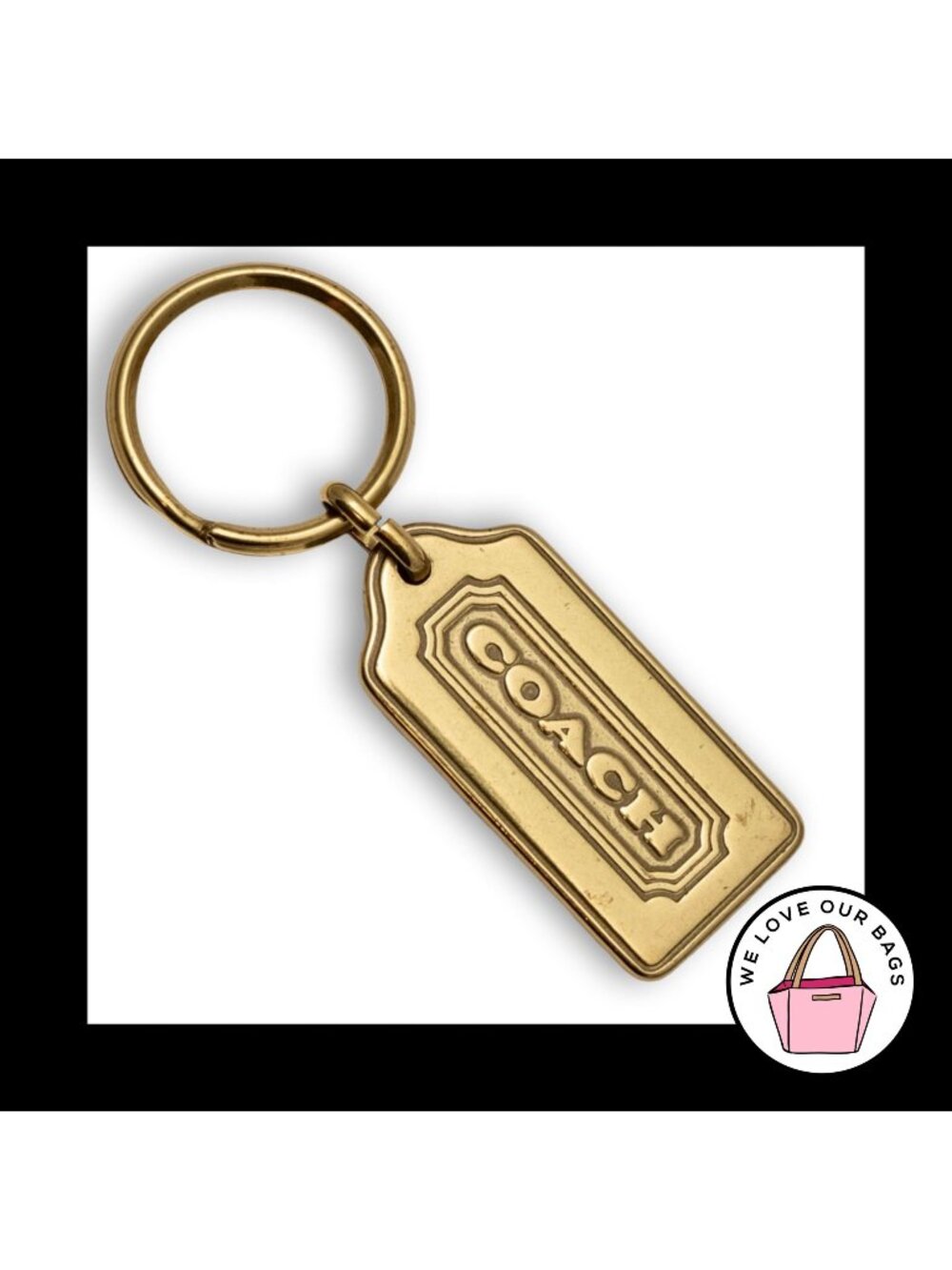 RARE VINTAGE COACH Brass Hang Tag Keychain Thick Gold Metal Key Fob Bag Charm